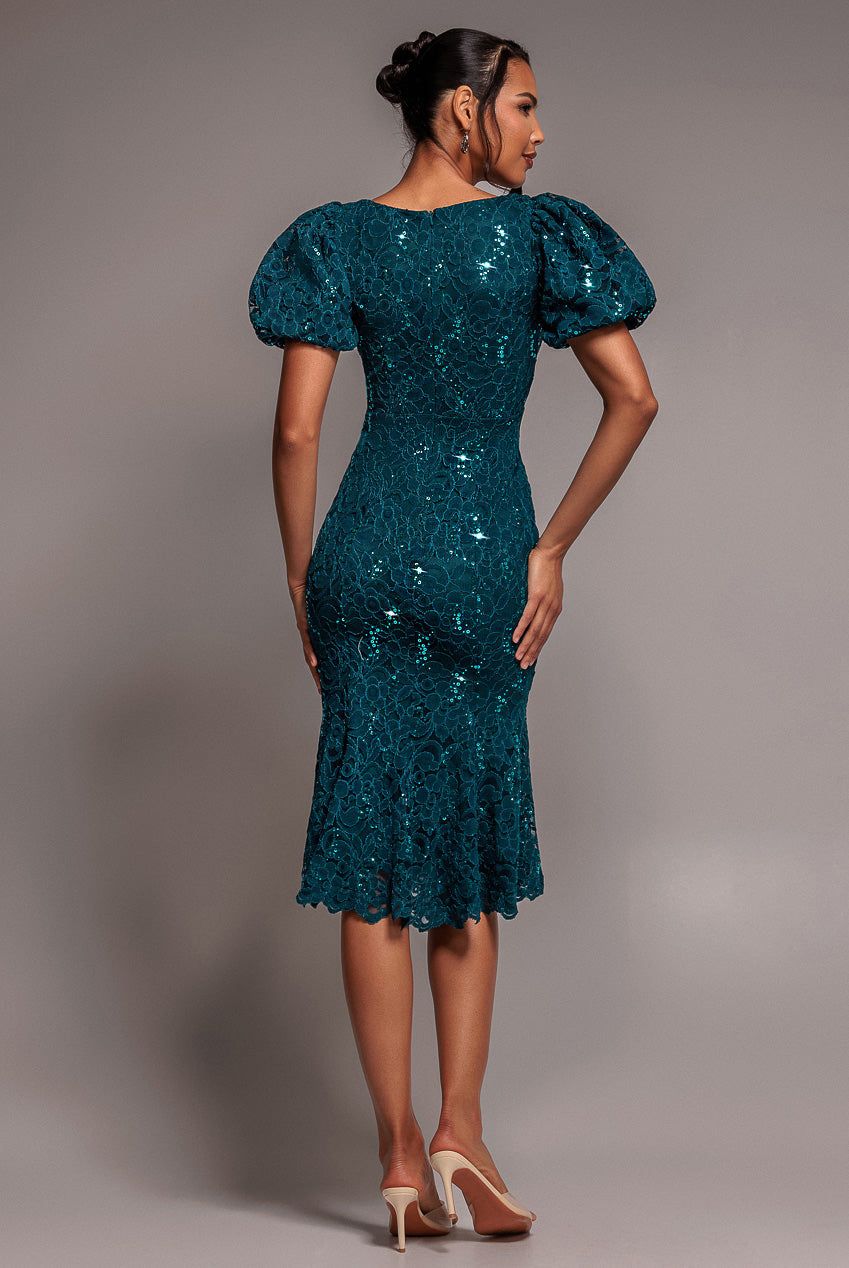 Goddiva Sequin Lace Puff Sleeve Fit & Flare Midi Dress