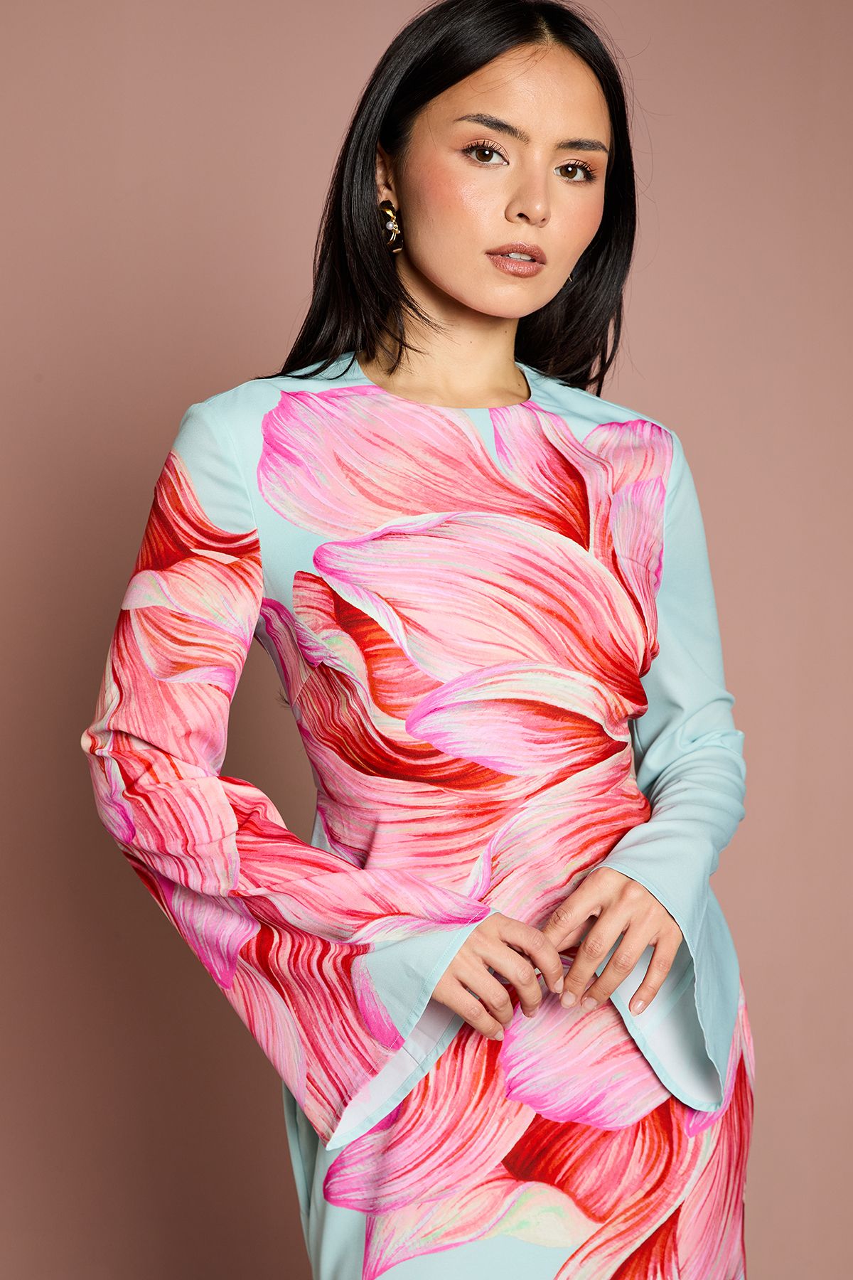 Coast Petite Flare Sleeve High Neck Satin Maxi Dress