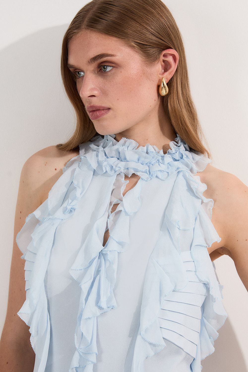 KarenMillen Viscose Georgette Ruffle Halter Neck Woven Top Mini Dress