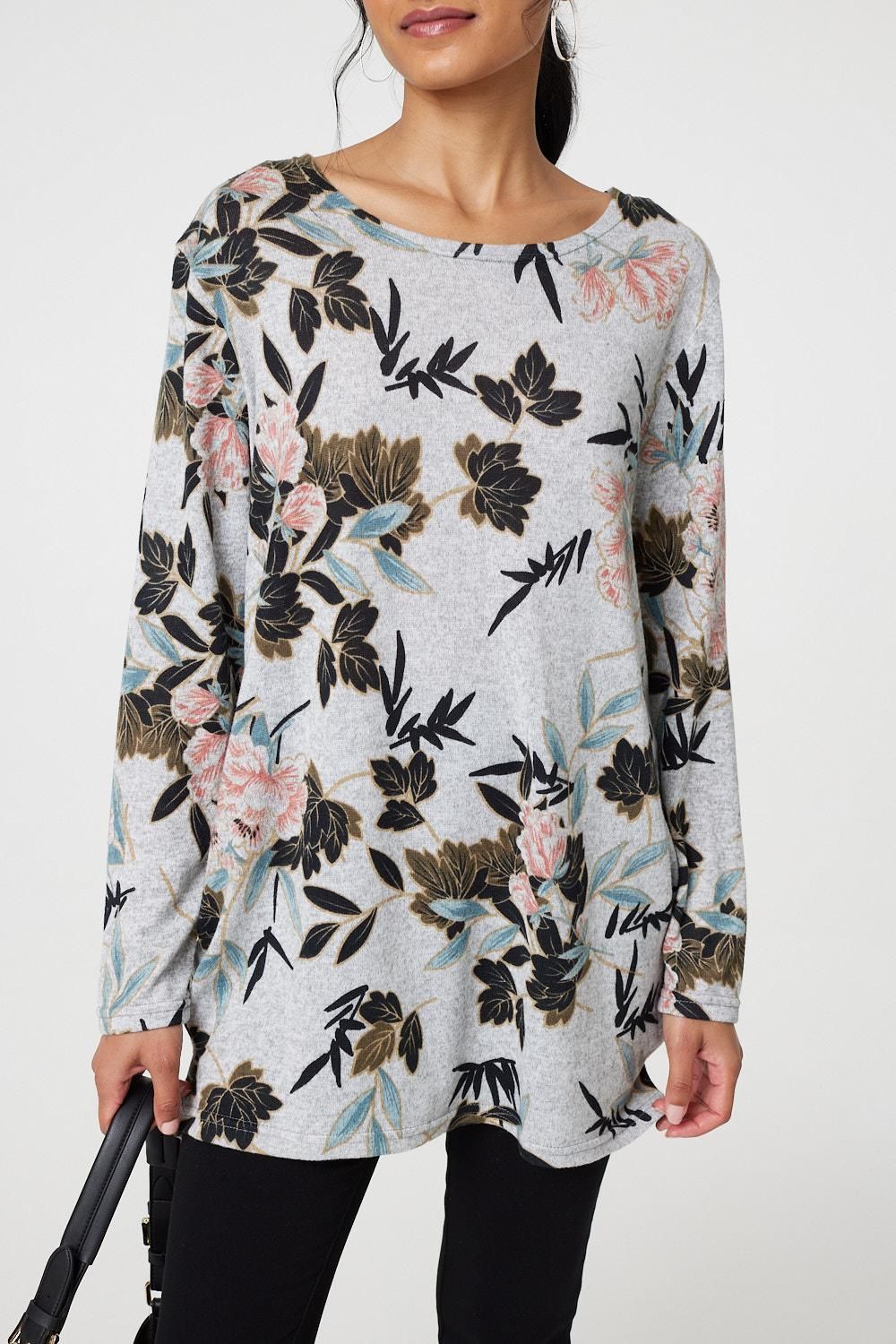 Izabel London Floral Wide Neck Relaxed Long Sleeve Top