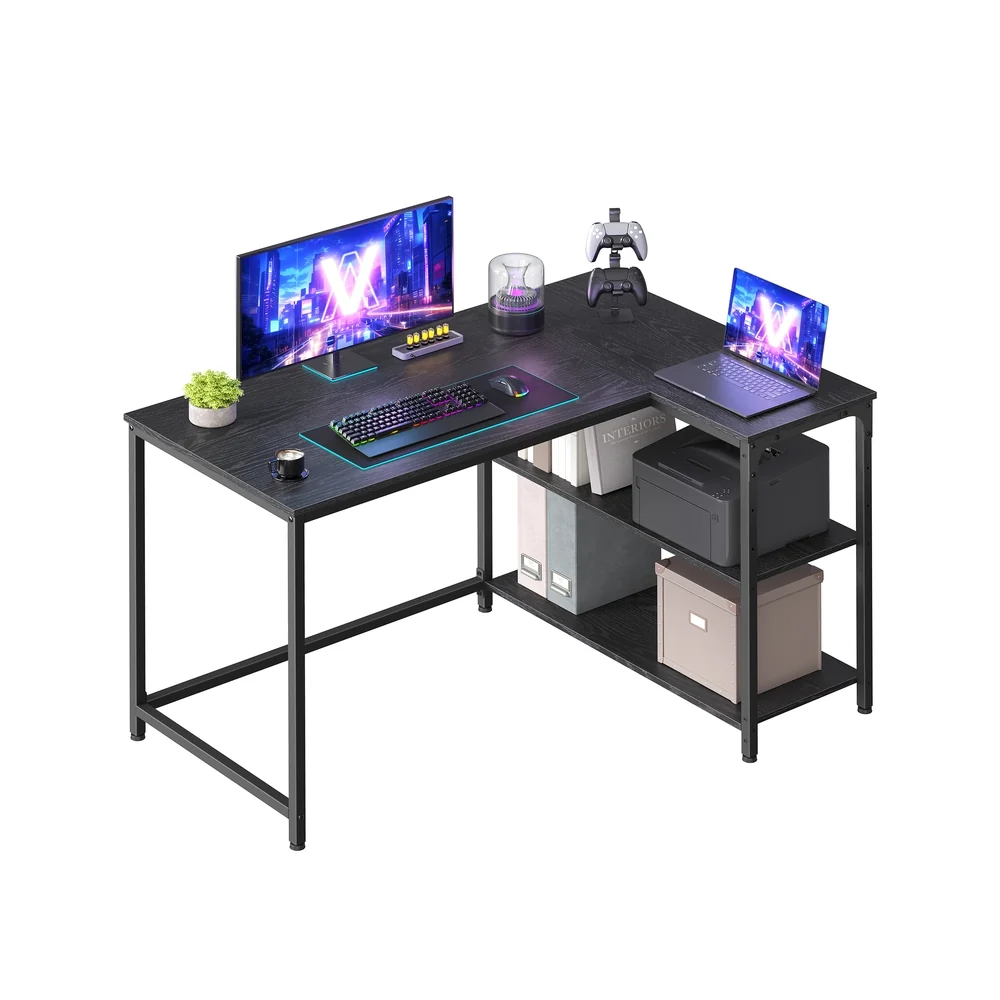 Bureau de Gaming en Forme de L avec Hauteur Réglable et Étagère Rabattable