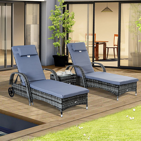 Lot de 2 bains de soleil inclinables tout confort avec table d'appoint résine tressée gris