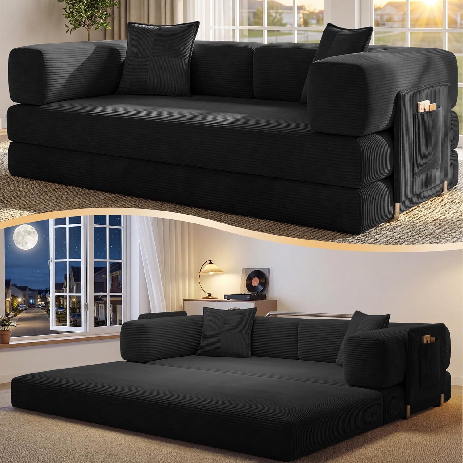 78.8 Convertible Sofa Bed,Corduroy Futon Couch with Storage Pocket,Folding Pull Out Futon Sofa, No Assembly Boneless Couch for Living Room,Black