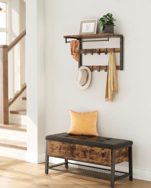 Loftowa Półka Ścienna z Wieszakami 65x30x42 cm Brązowo-Czarna Loft