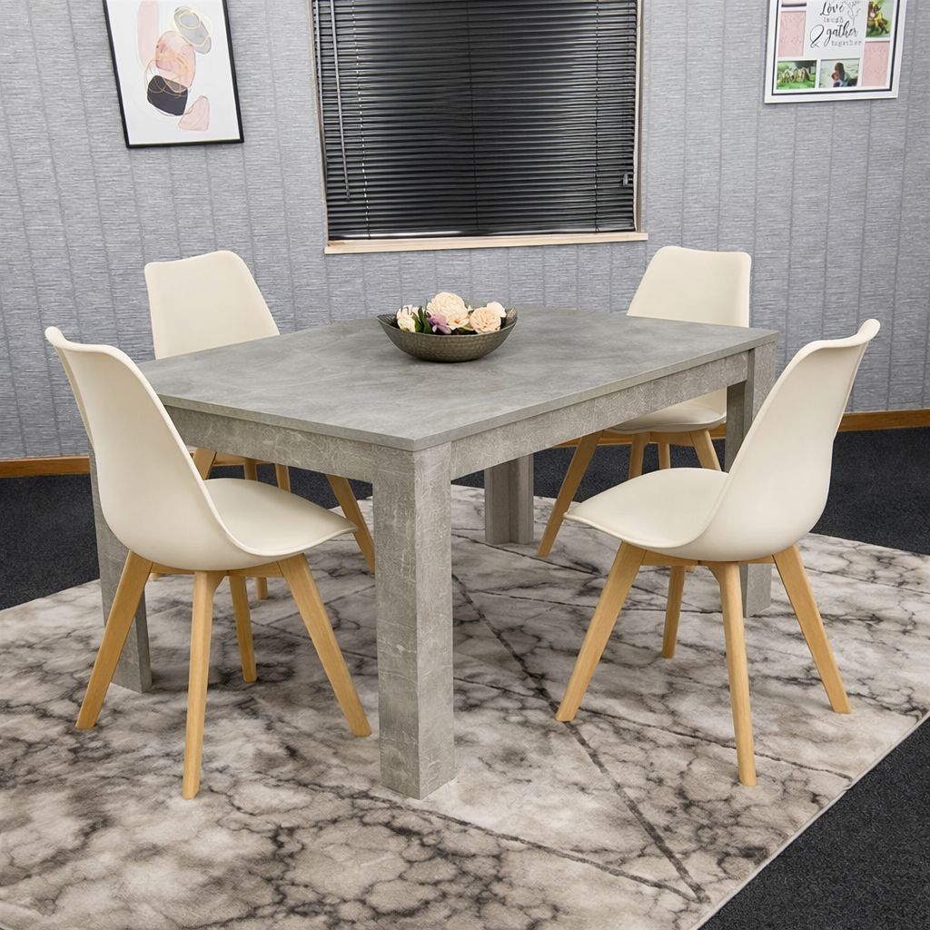 KOSY KOALA Stone Grey Effect Dining Table Set with 4 Cream Plastic Chairs
