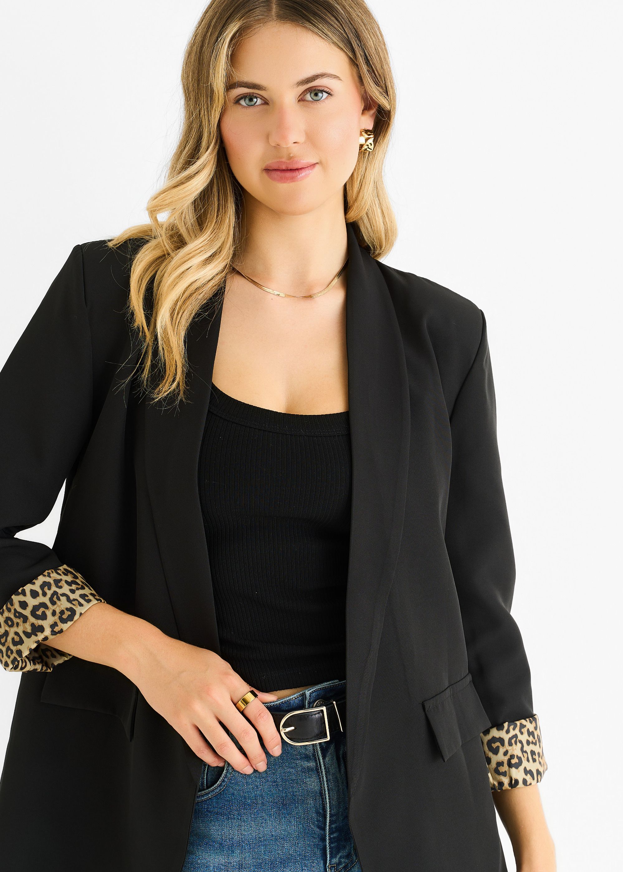 Gini London Black Contrast Animal Edge to Edge Blazer