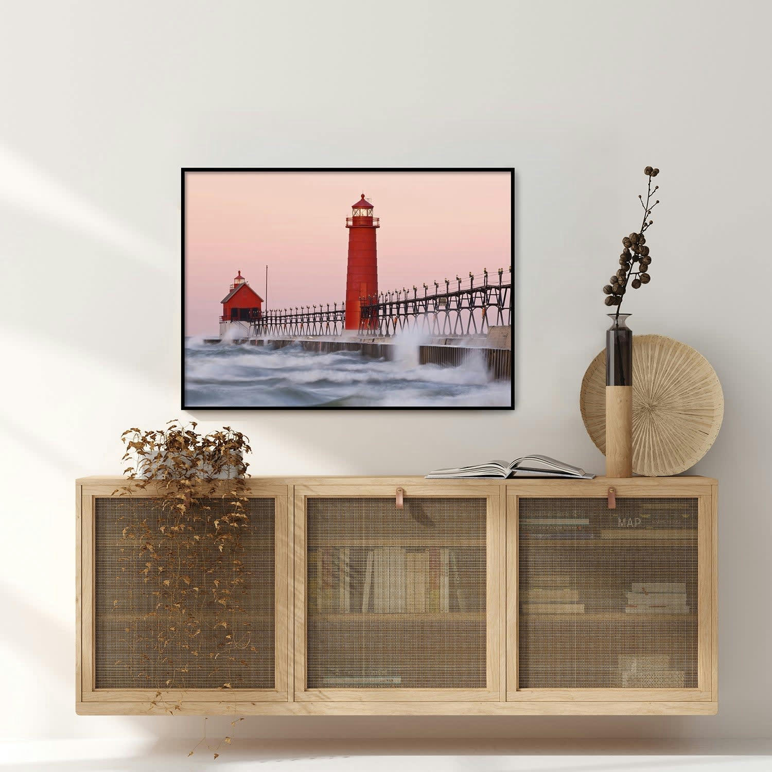 MAR - Affiche avec cadre noir - Phare rouge - 30x40