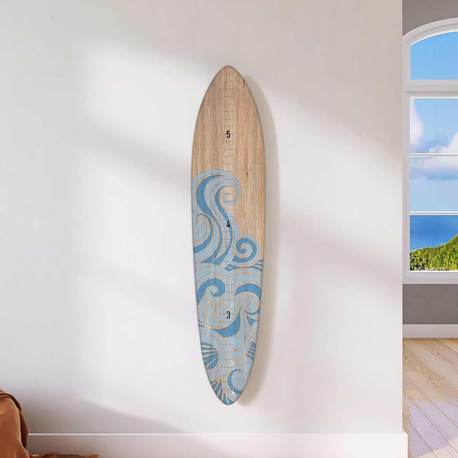 HEADWATERS STUDIO Wooden Surfboard Wall Decor Growth Chart - Surf Board Wall Decor for Kids Room, Wooden Growth Chart for Wall, Surfboard Wall Art, Surfboards for Decoration - Blue Wave (9.5x 45)