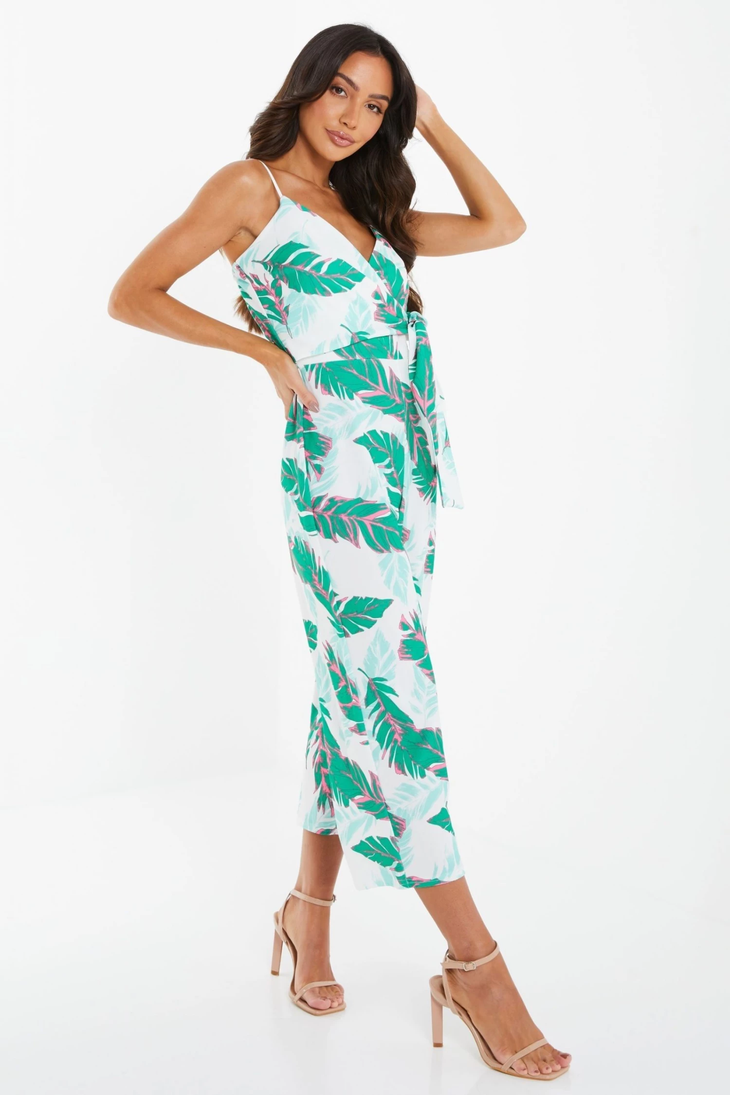 Quiz White & Green Tropical Print Culotte Jumpsuit