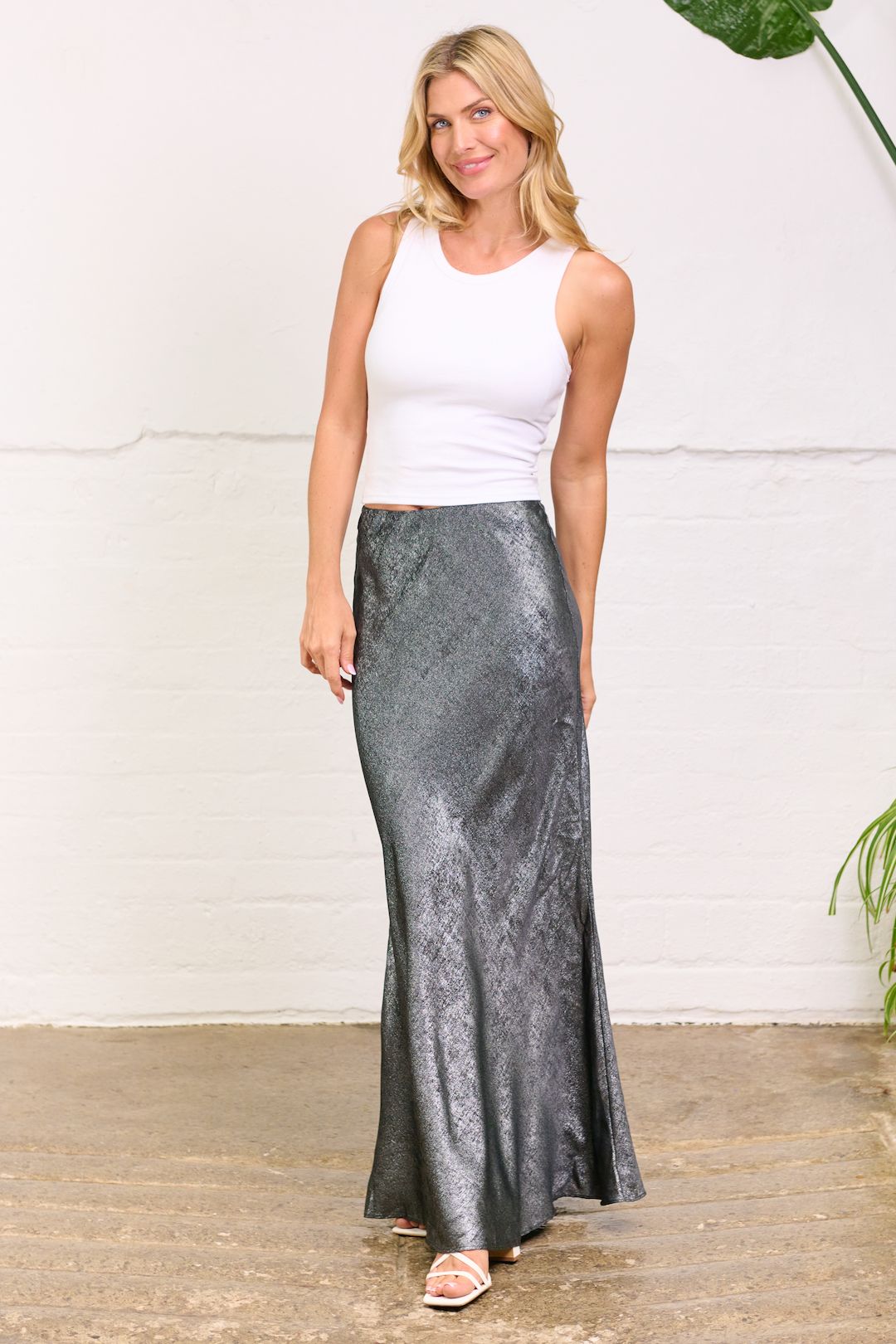 Needs No Label Silver Satin Maxi Skirt