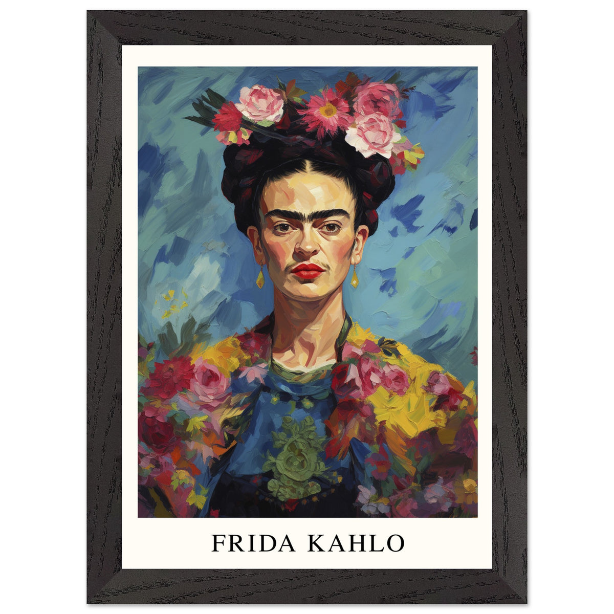 Artfulprints Poster met Lijst Frida Kahlo - Painted floral portrait  - A4 21x29.7 cm - Meerkleurig