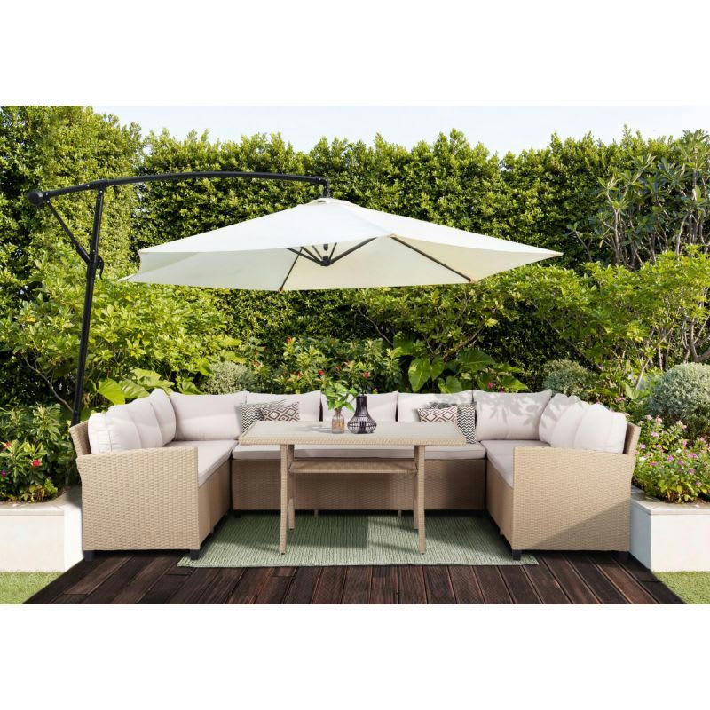 FRANKLIN - Salon de jardin en résine tressée 10 places coussins beige