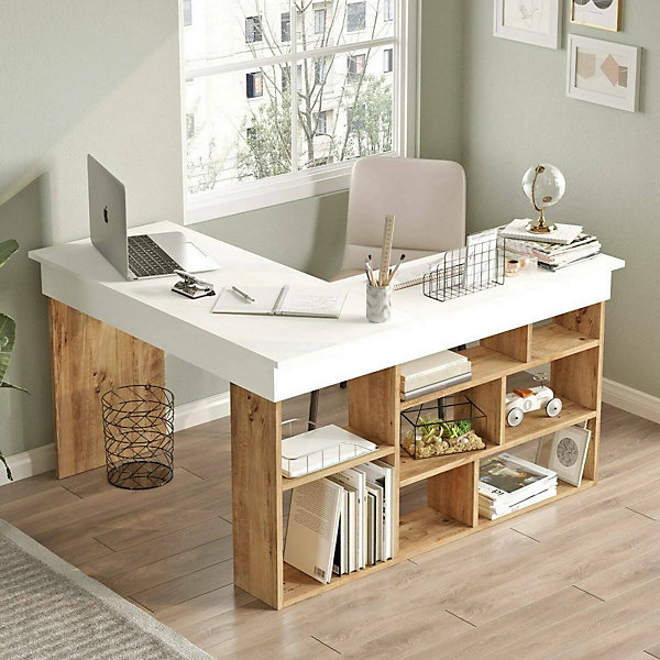 Bureau Altin, Pupitre polyvalent, Table de bureau pour PC, Plan de travail, 129x120h72 cm, Chêne et Blanc