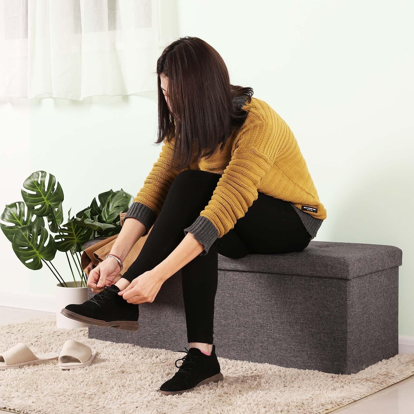 43.3 Inches Slate Grey Folding Storage Ottoman Bench with Flip-up Lid and Padded Seat -