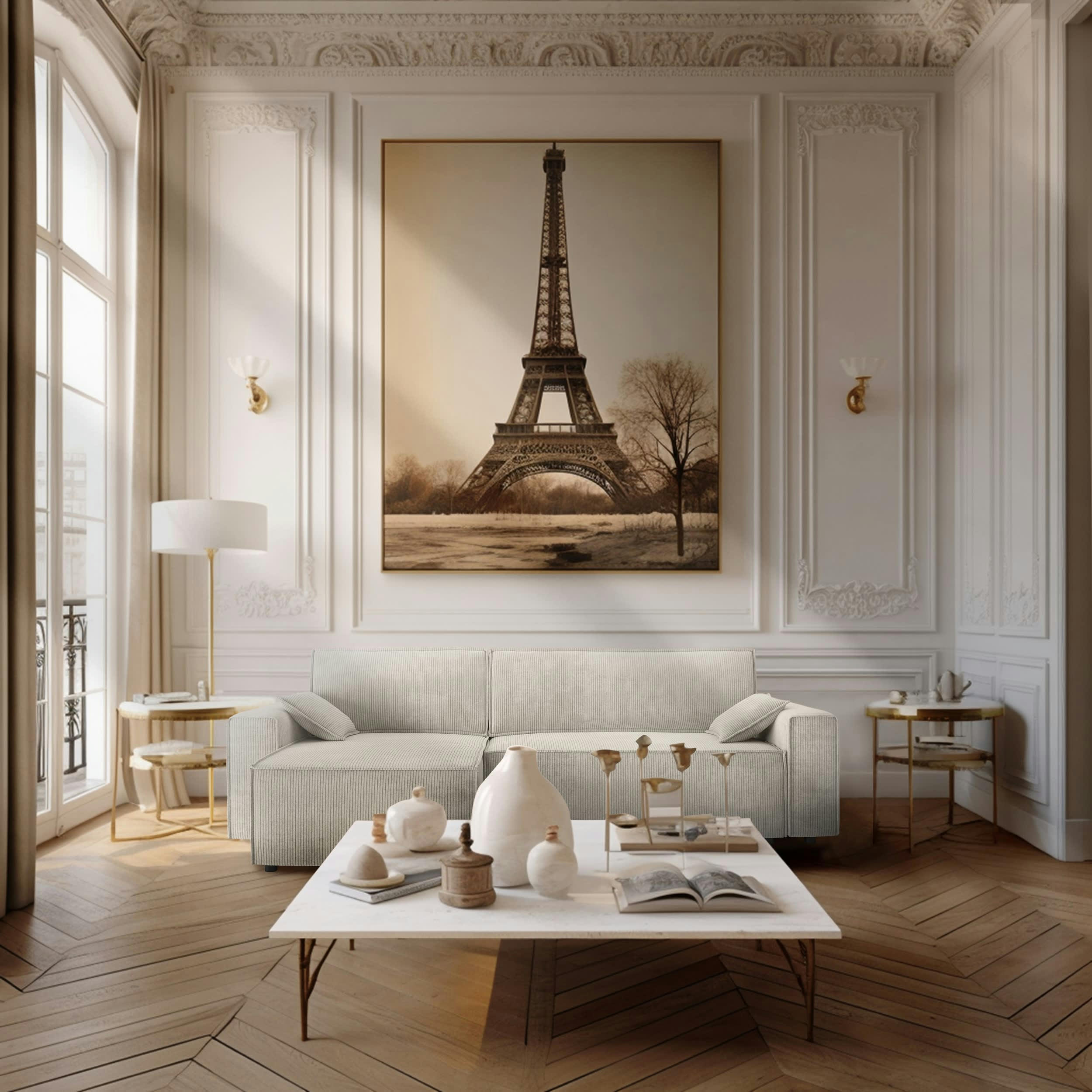 DURIF - Canapé d'angle convertible 4 places en velours côtelé beige