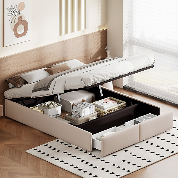 Lit rembourré coffre 140x200 cm avec 2 tiroirs, lit adulte avec sommier à lattes, sans tête de lit, tissu en lin, beige