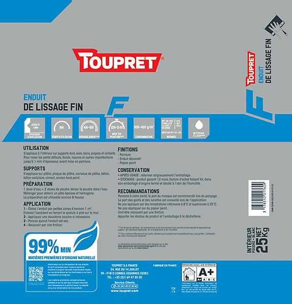Enduit de finition pour lisser en poudre Toupret 25 kg