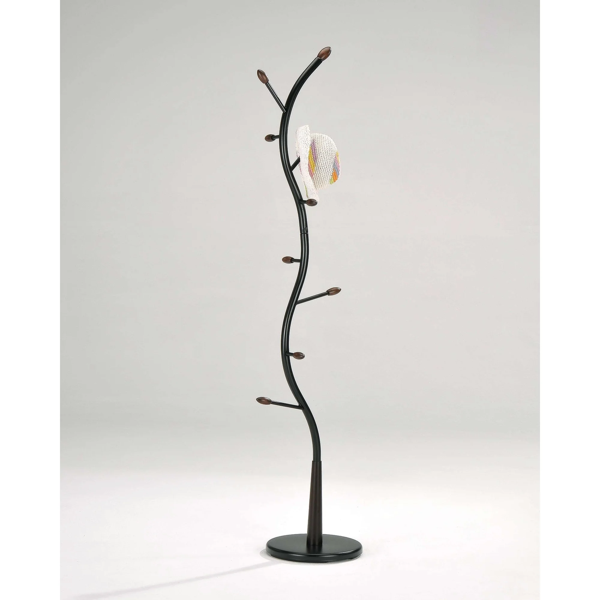 Black Metal & Walnut Wood Hall Tree Coat & Hat Rack Stand