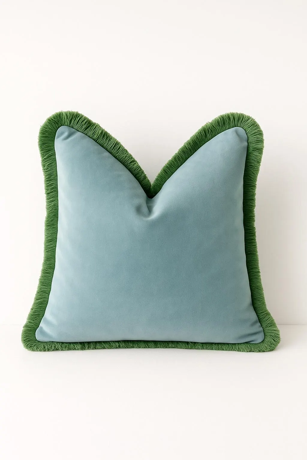 Fringe Velvet Pillow Cover – Dusty Blue with moss Green Trim | Lumbar or Bolster Cover | Chinoiserie Decor | High-End Decorative Throw