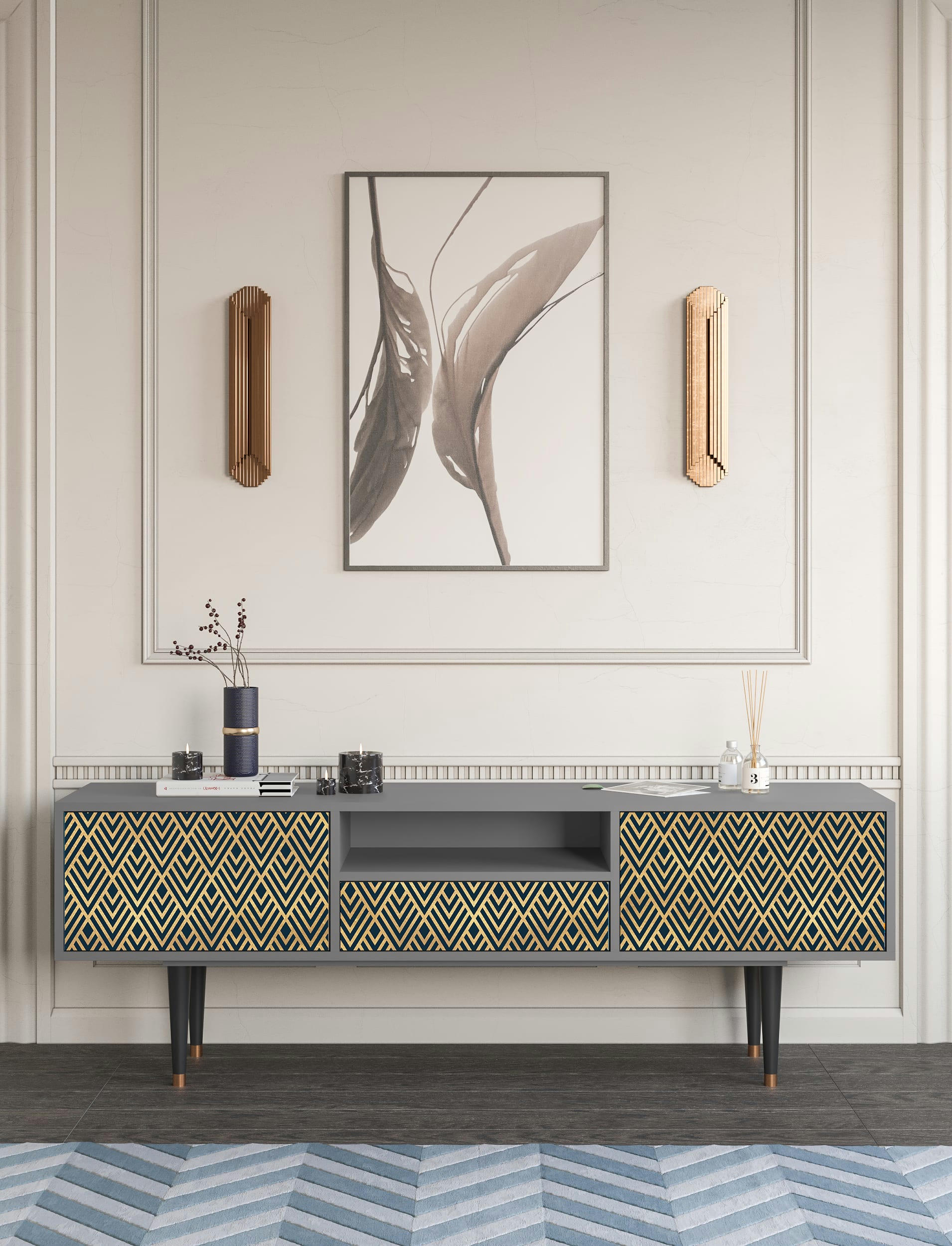 EGYPT TRIANGLES - Meuble TV  bleu 1 tiroir et 2 portes L 170 cm