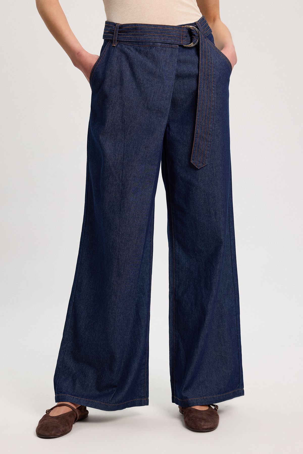 KarenMillen Denim Belted Wide Leg Trouser