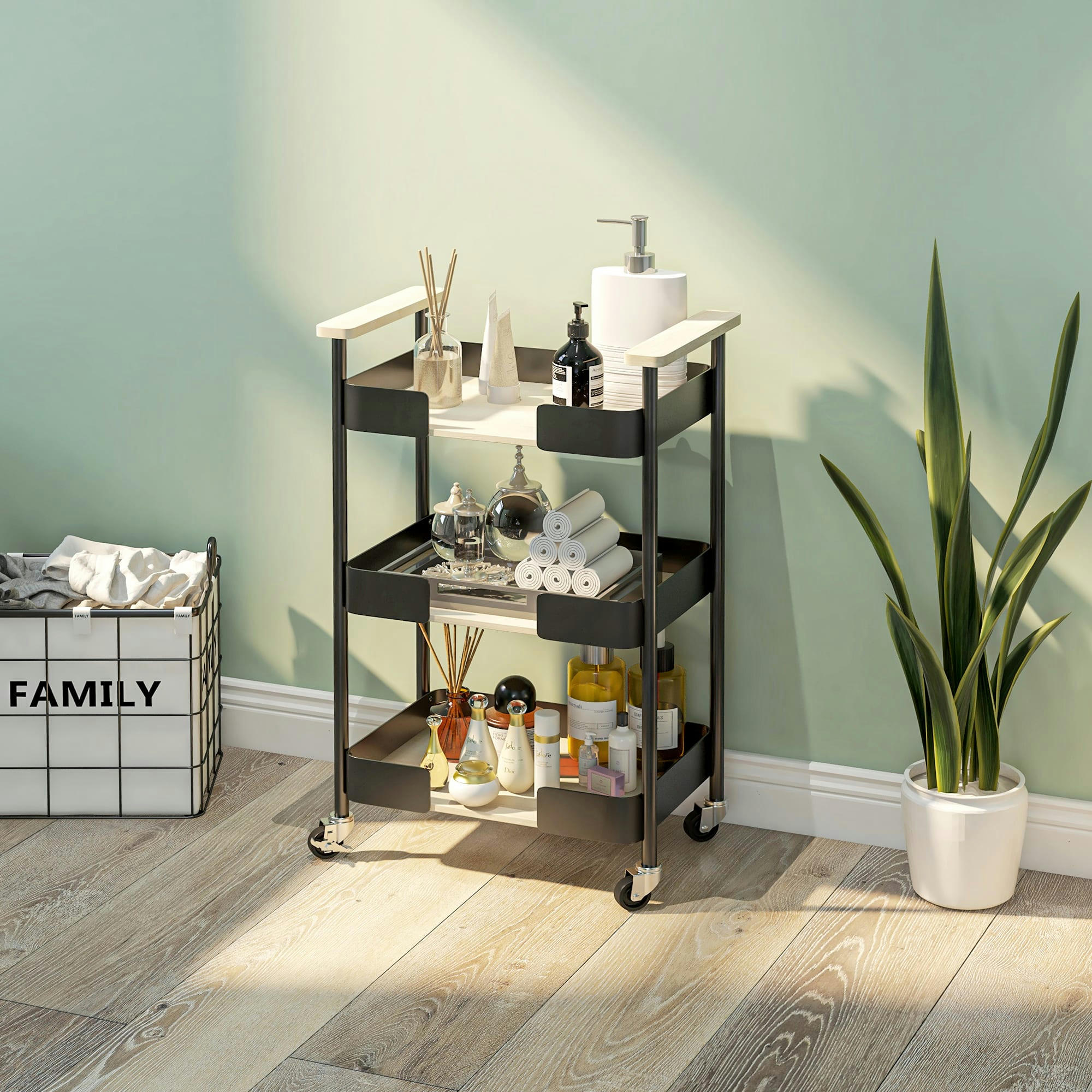 - Desserte de cuisine industrielle 3 étagères poignée bois acier noir