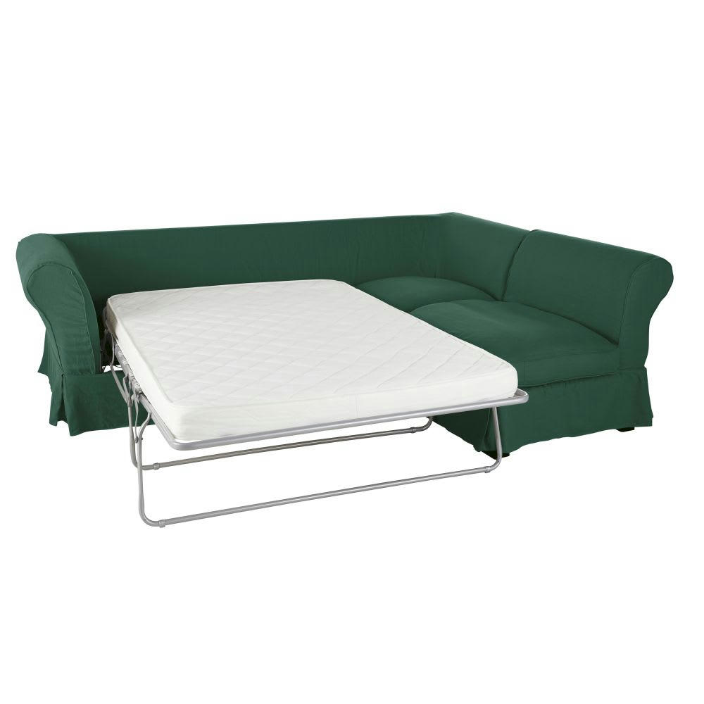 Roma - Housse de canapé d'angle convertible 5 places (matelas 12 cm) en lin froissé vert