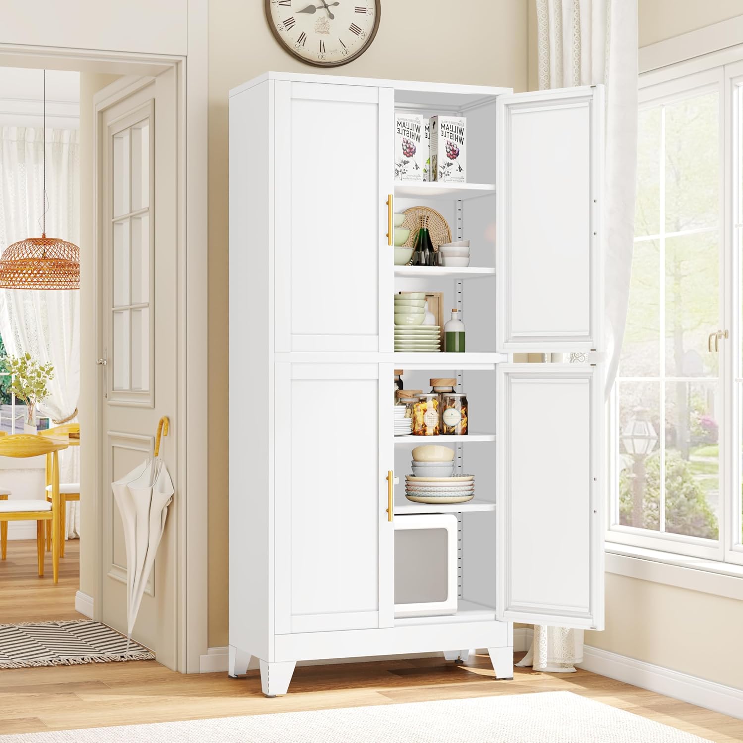 GAIOUS 75.2 Tall Metal Pantry Cabinet, Kitchen Pantry Storage Cabinets with 4 Door and 4 Adjustable Shelves, White Storage Cabinet, Freestanding Cupboard for Kitchen Dining Room Living Room Bathroom