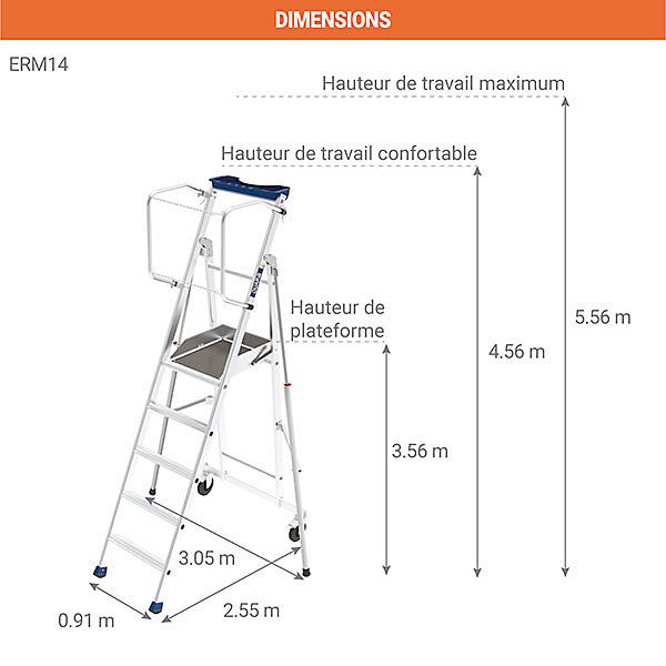 Escabeau roulant 14 marches - Hauteur max. de travail 5.56M - ERM-14