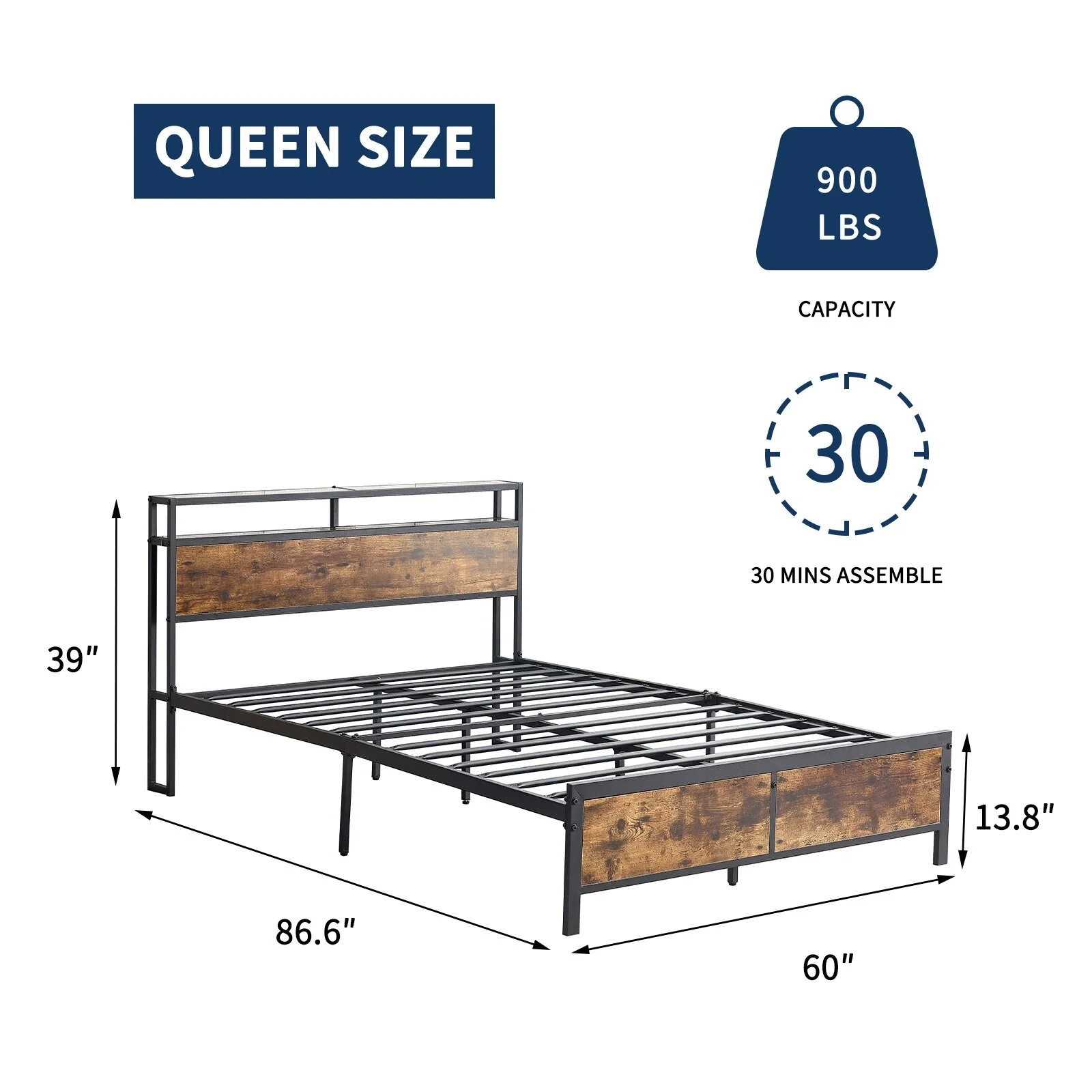 Queen Size Metal Industrial Bed Frame with LED Lights and USB Ports