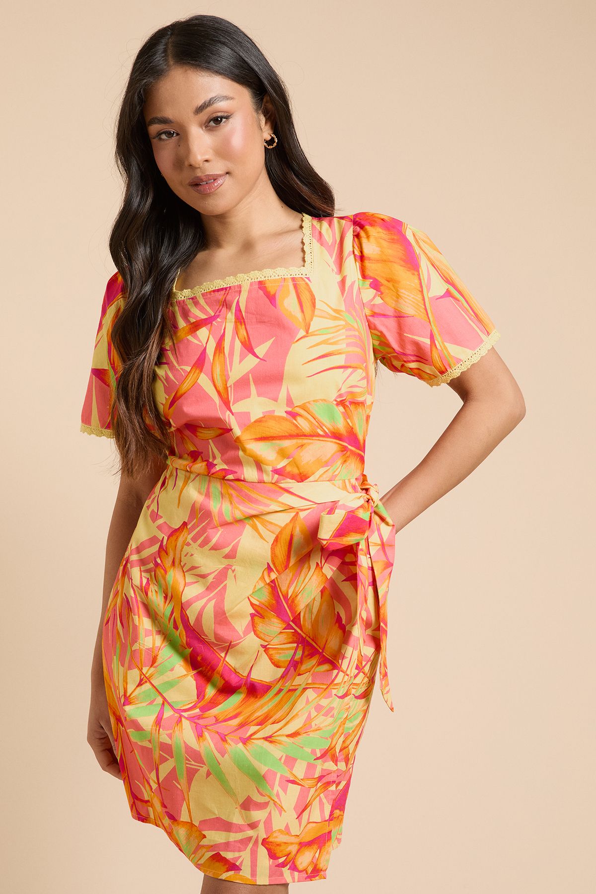 Dorothy Perkins Petite Lace Trim Wrap Skirt Poplin Printed Mini Dress