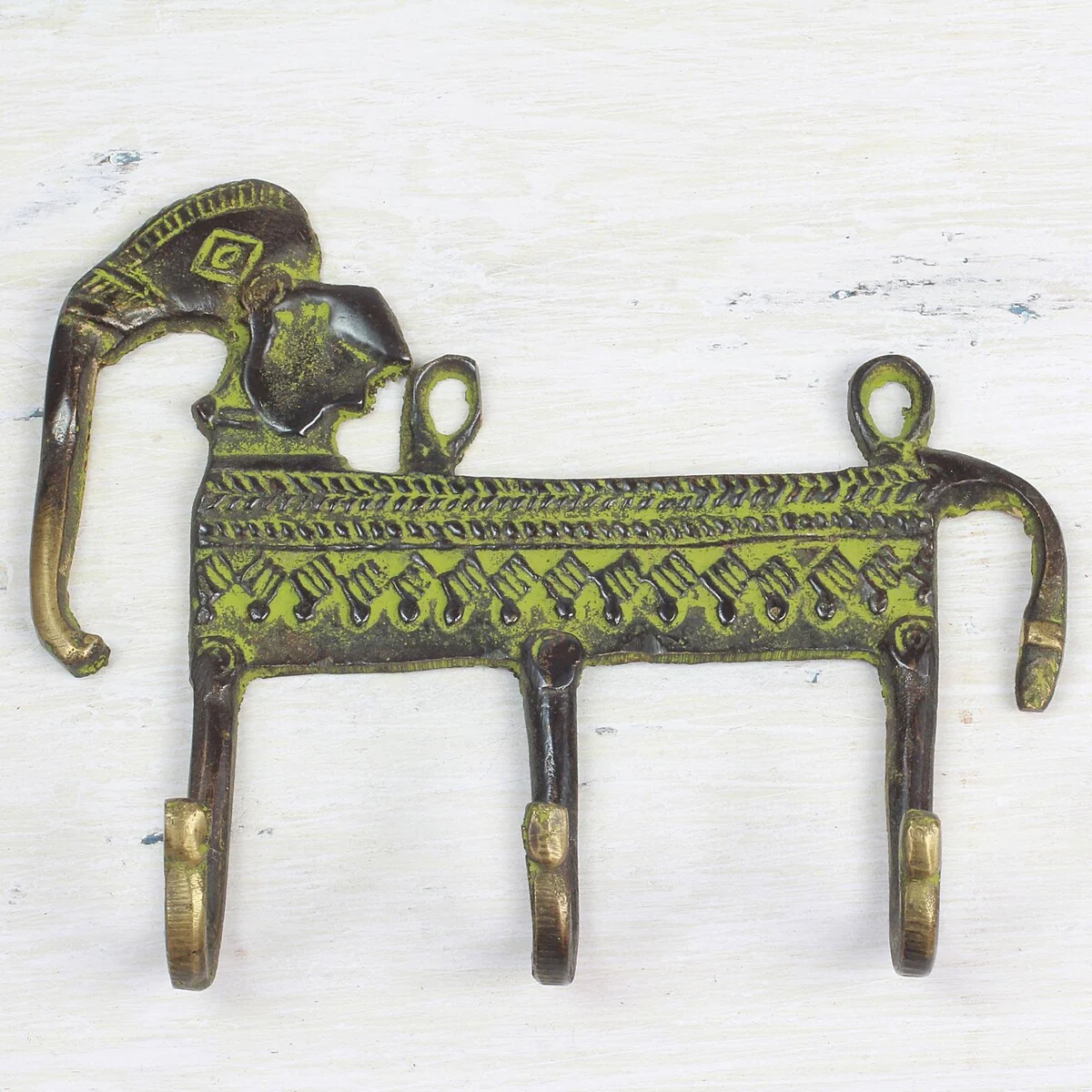 NOVICA Helpful Elephant, Brass coat rack - 6 x 12