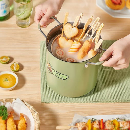 NNEOBA 3L Deep Fryer Pot with Basket Oil Strainer Mini Pasta Pot Green
