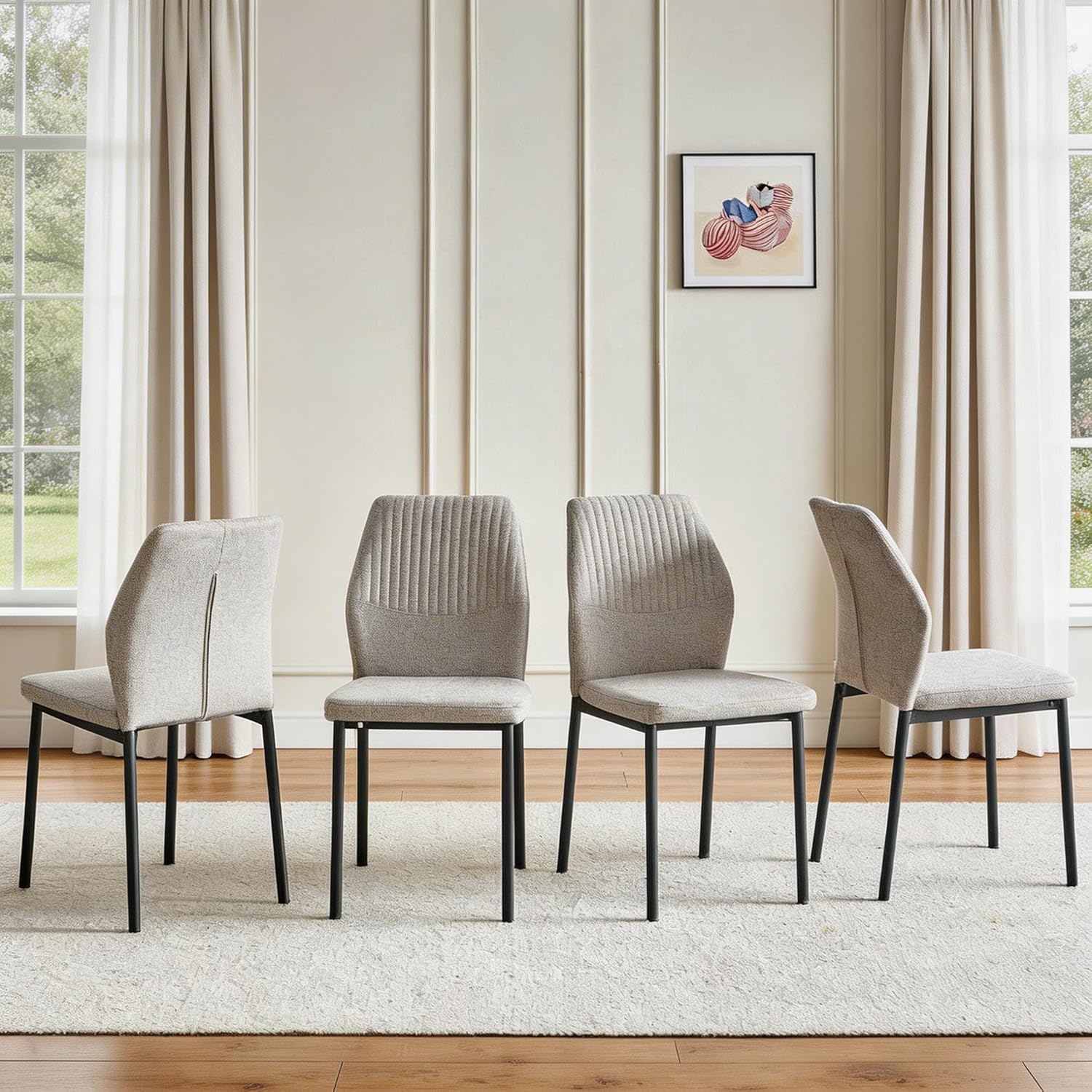 Dining Chairs Set of 4, Mid Century Modern Fabric Upholstered Kitchen Chairs, Light Brown Dining Room Chair with Sticthing Back for Kitchen Dining Room