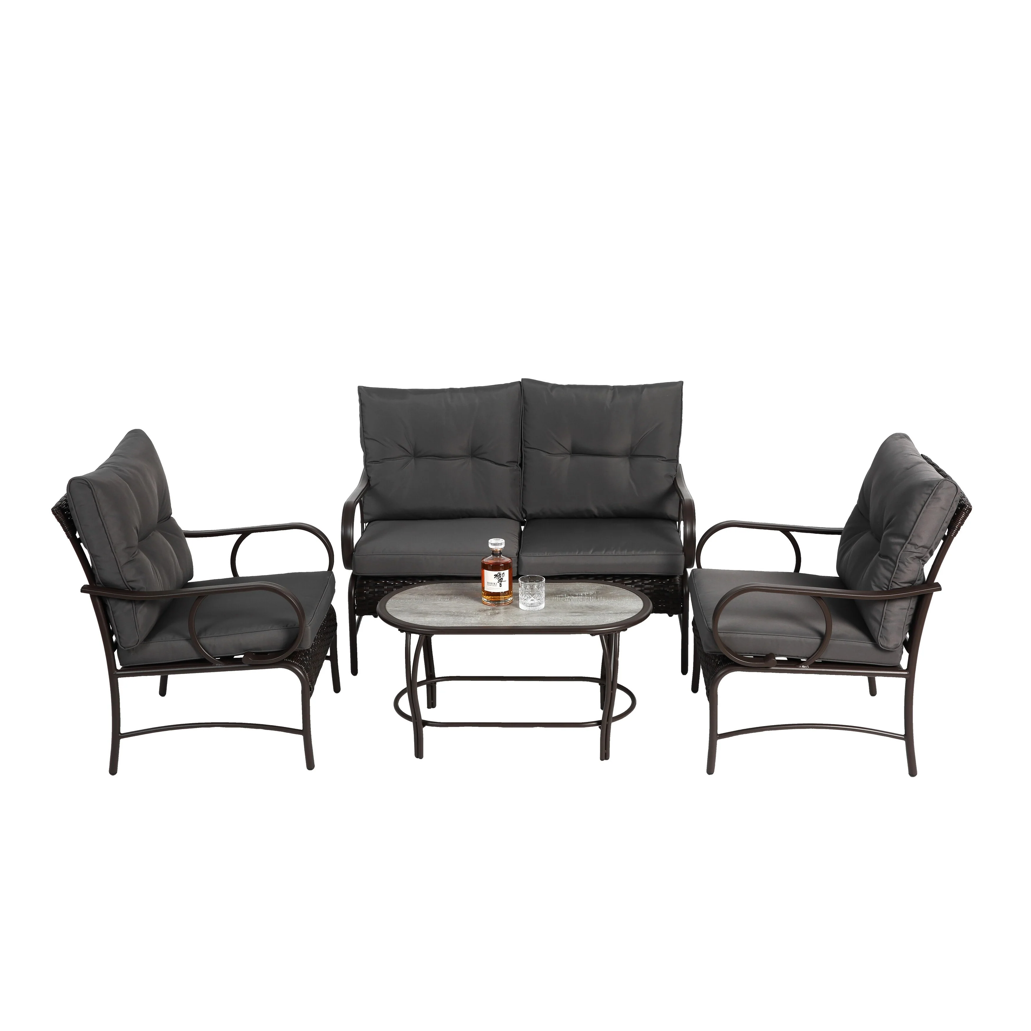 4 Piece Outdoor Patio Furniture Sets, Wicker Conversation Set for Porch Deck, Rattan Sofa Chair with Cushion-Grey