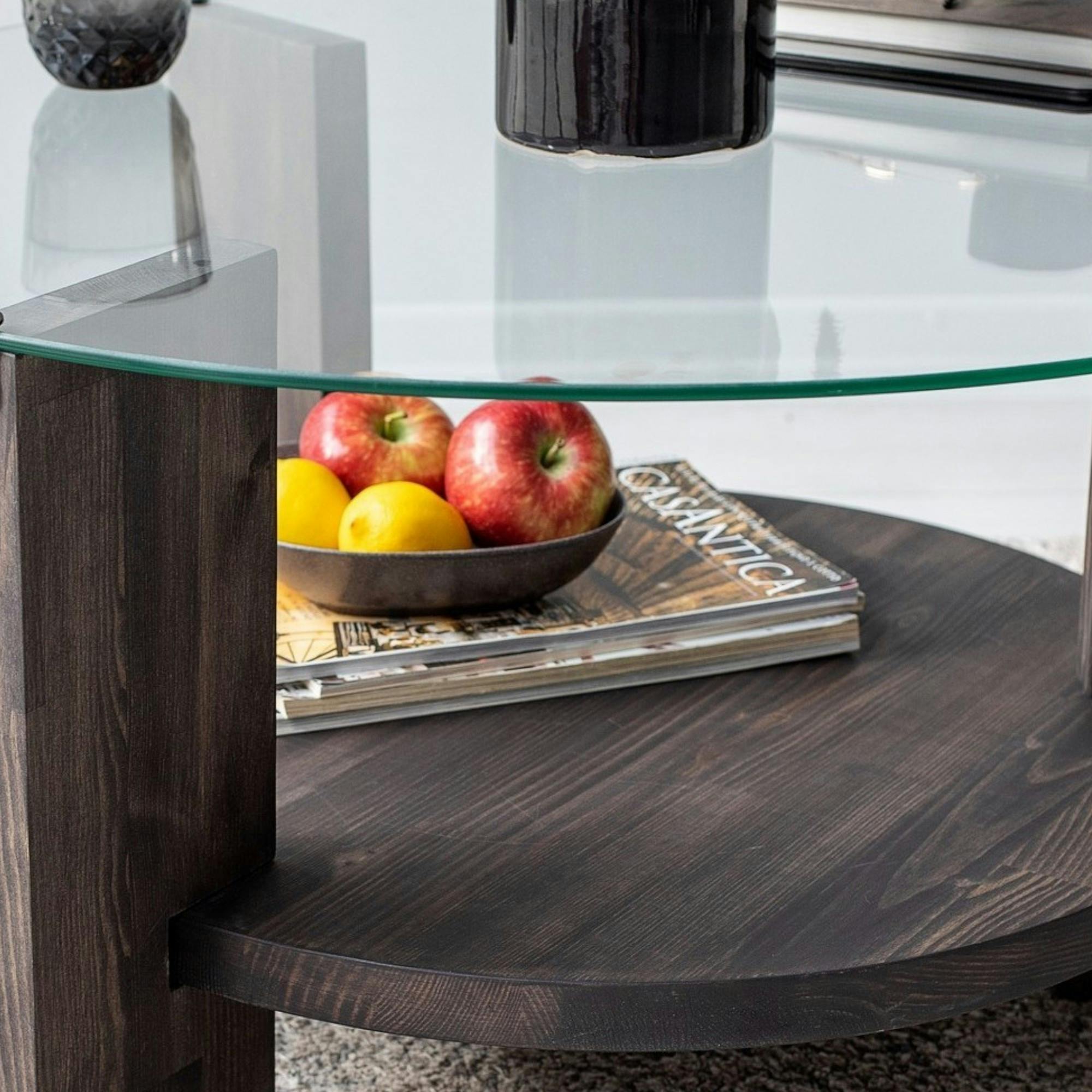 Table basse ronde en verre et bois foncé - 2 plateaux ANZIO
