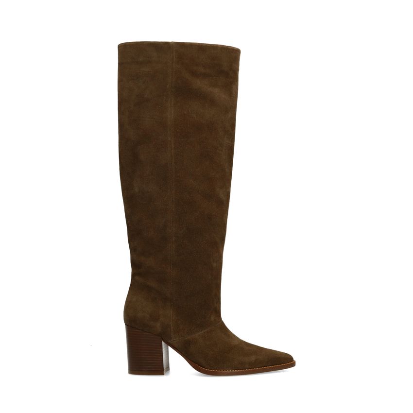 Manfield Taupe suède hoge laarzen met hak en brede schacht