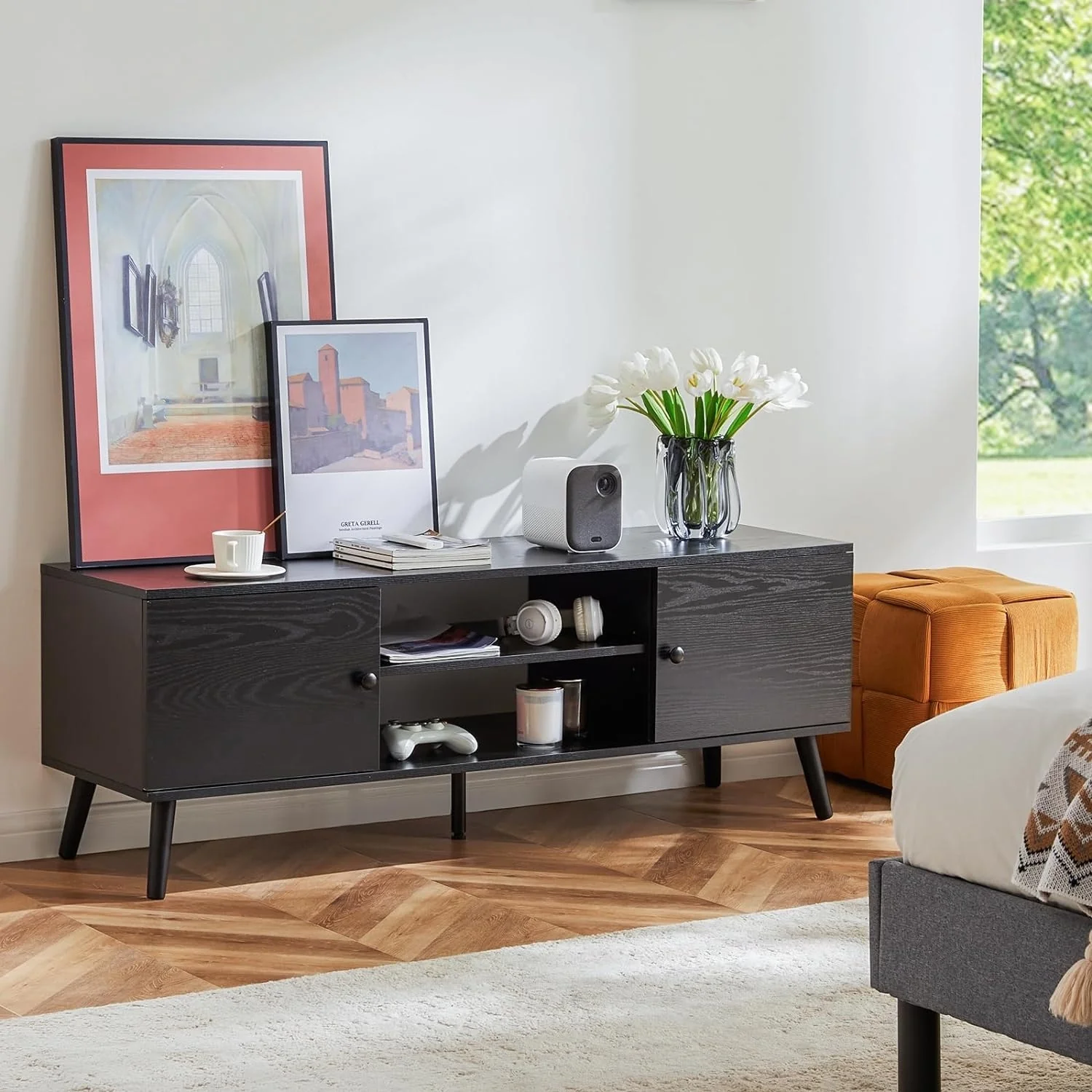 TV Stand for 55 60 inch TV, Entertainment Center with Storage Cabinet, Mid Century Modern Media Console Table, Adjustable Hinge