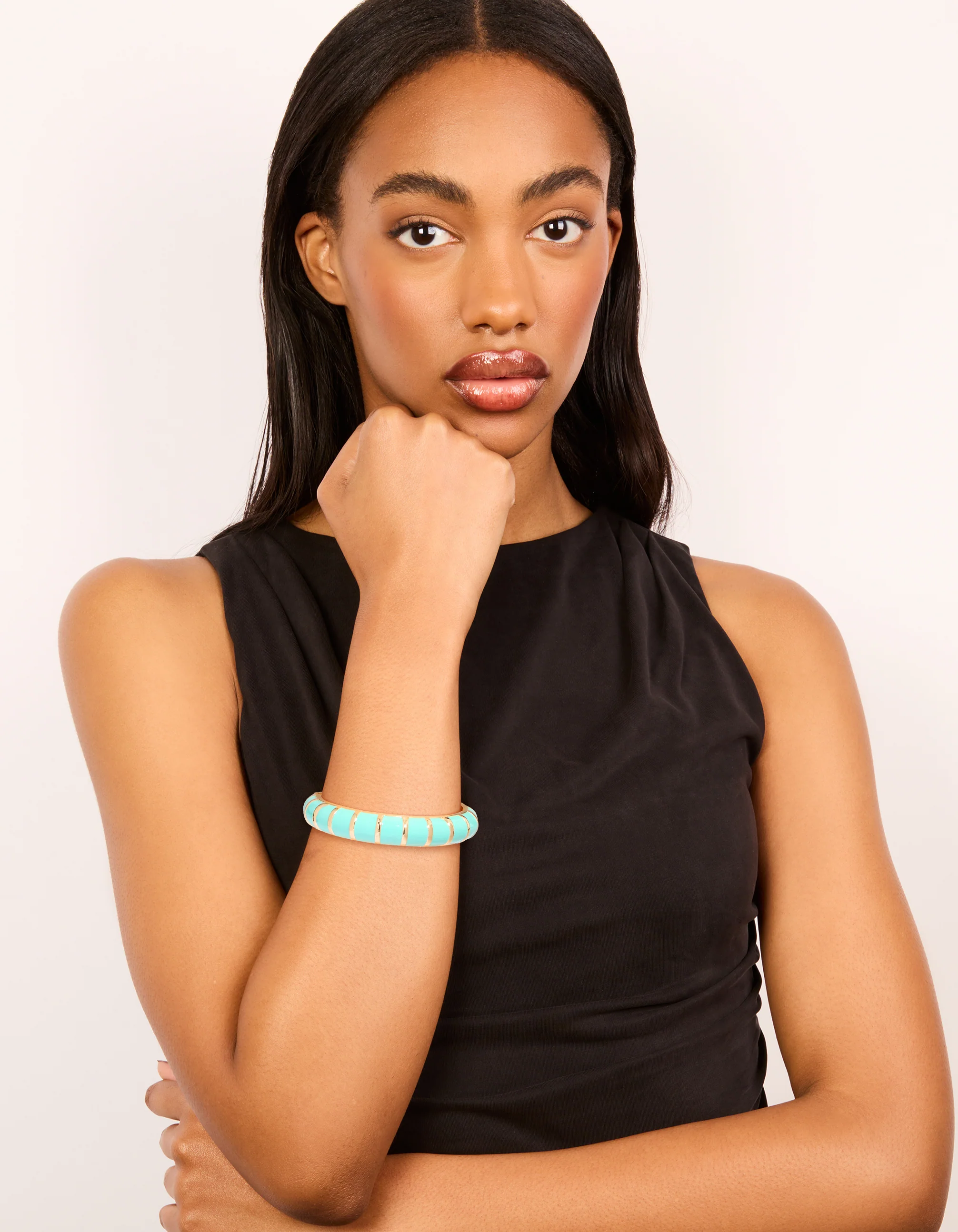 Gold Aqua Enamel Stripe Bangle