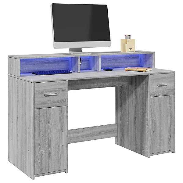 Bureau et lumières LED sonoma gris 140x55x91 cm bois ingénierie vidaXL