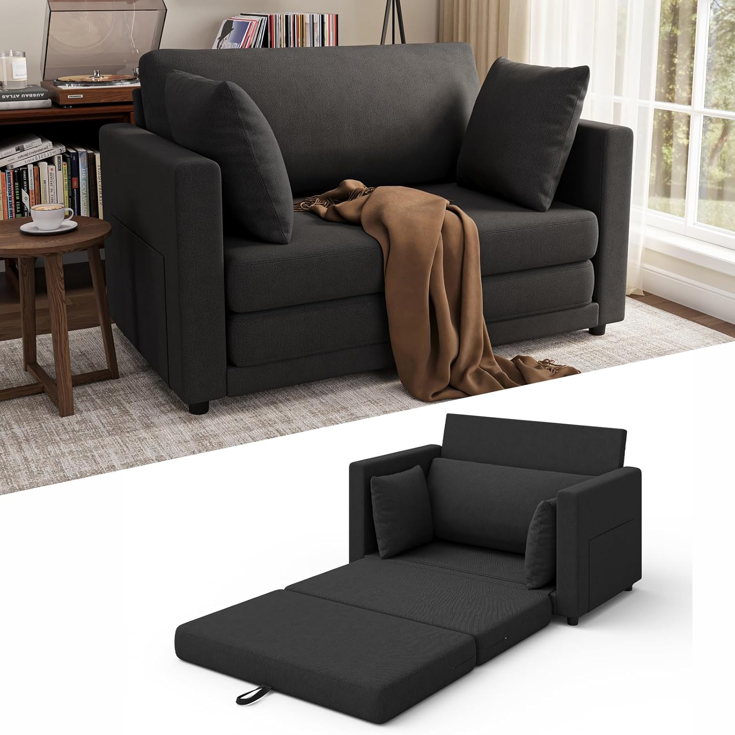 Convertible Sofa Bed, 2 in 1 Pull Out Loveseat Sleeper Sofa | 78.7” Folding Floor Sofa Bed for Guest Room, Bedroom | Black