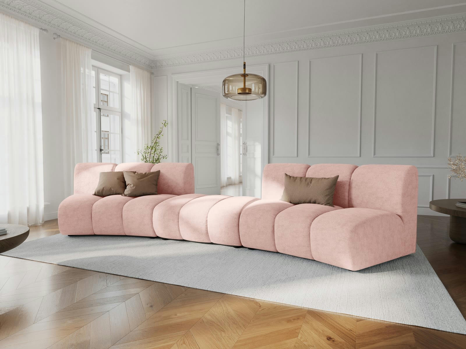 LUPINE - Canapé arrondi 5 places en tissu chenille rose