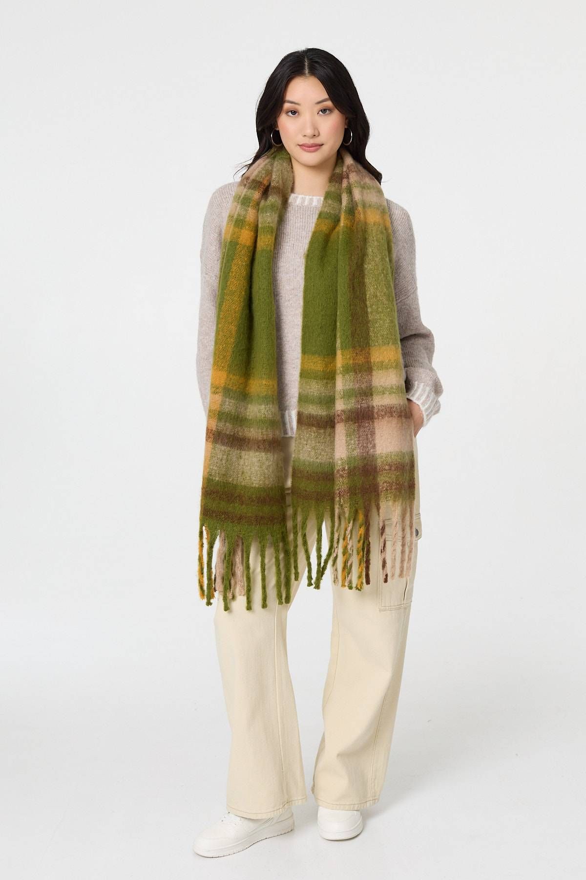 Izabel London Checked Print Fringed Oversized Scarf