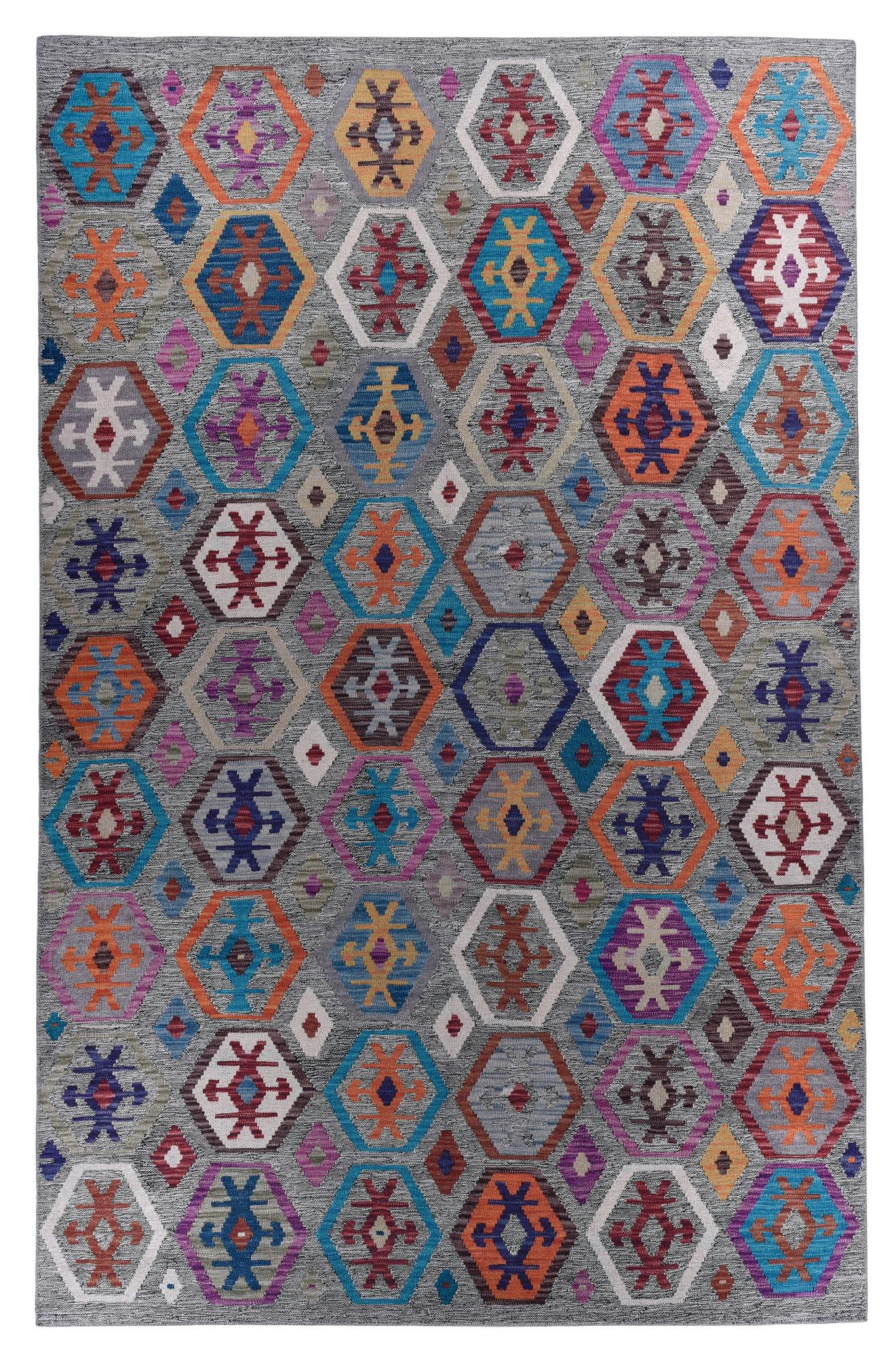 CECILIA - Tapis imprimé en motif kelim vintage - gris 70x140 cm
