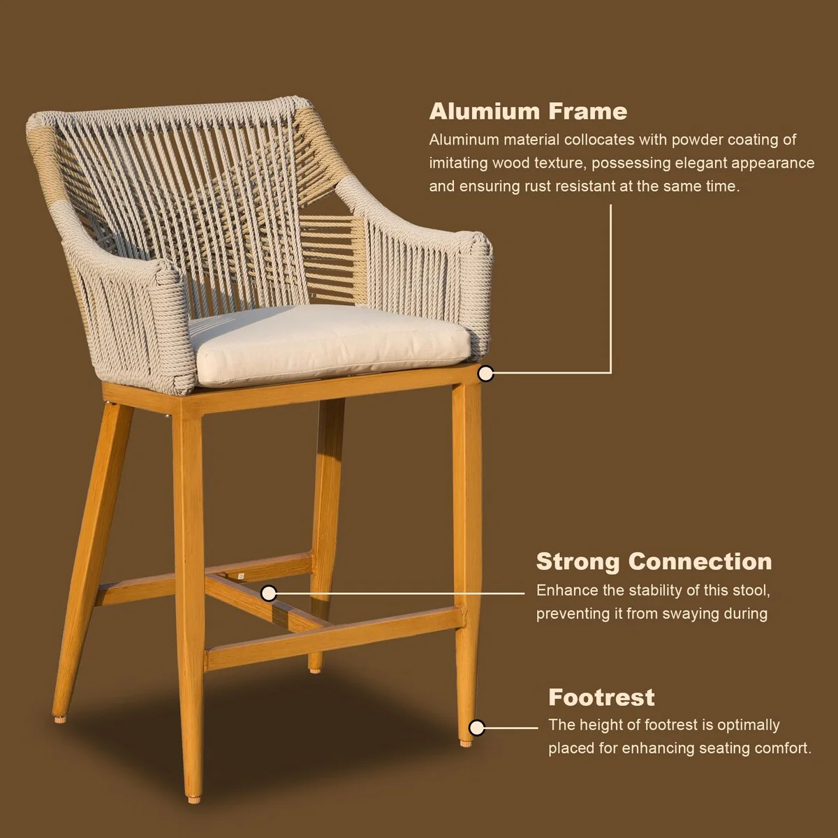 Bar Stools Set of 2,Outdoor Counter Height Bar Chairs with Arm and Backrest,Tall Bar stools with Cushion Modern Textilene