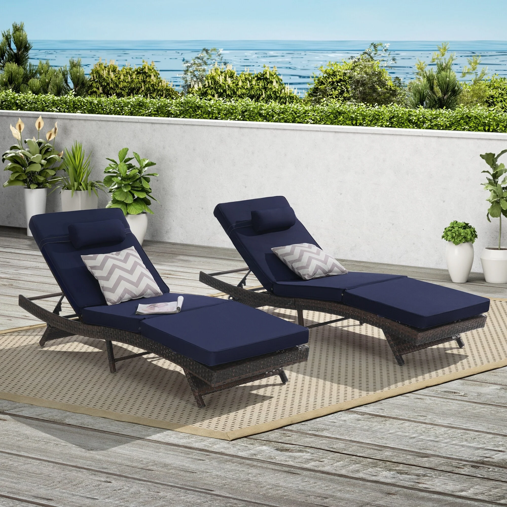 Outdoor Wicker Long Reclining Chair Set of 2