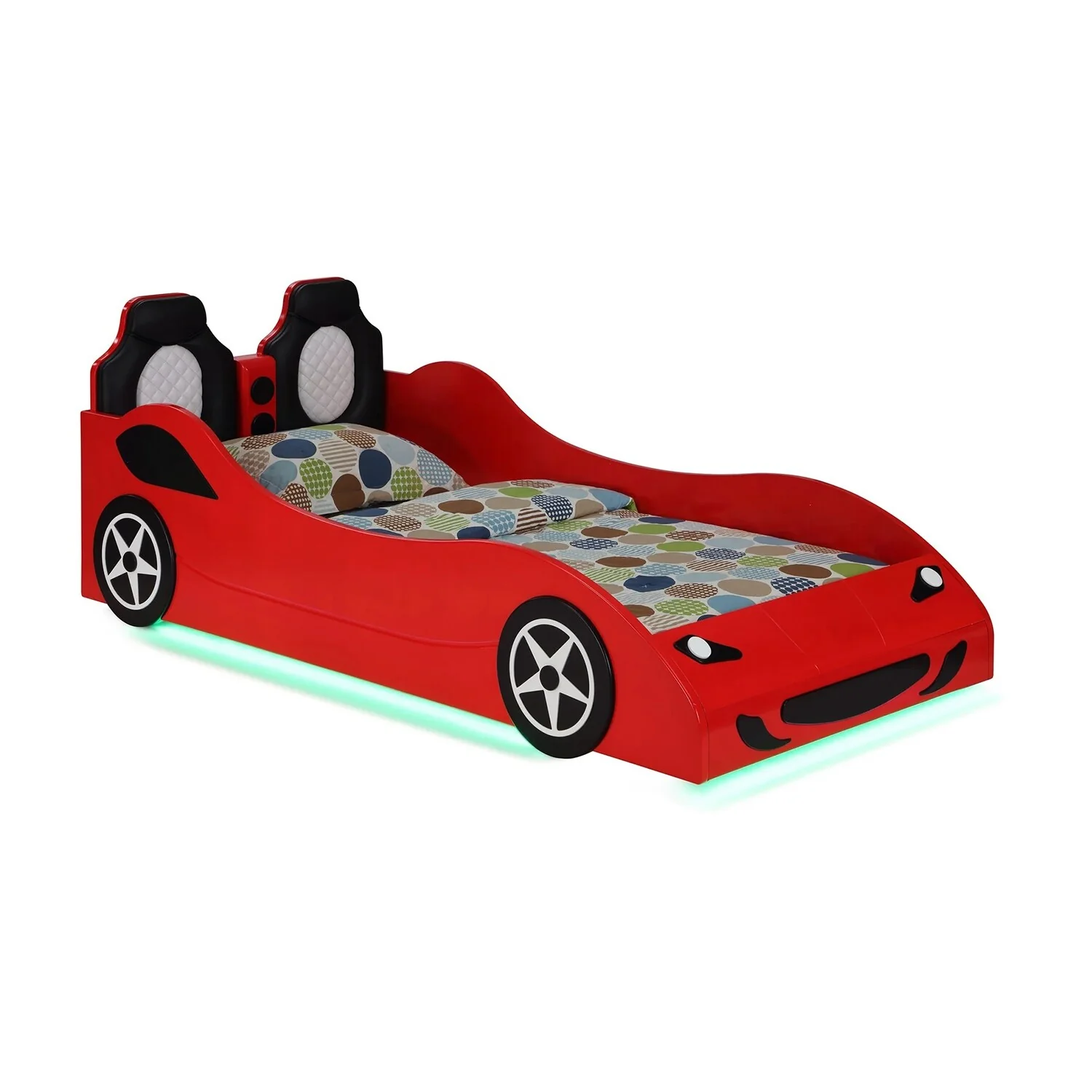 Wooden Twin Size Car Bed with LED Strip Lighting