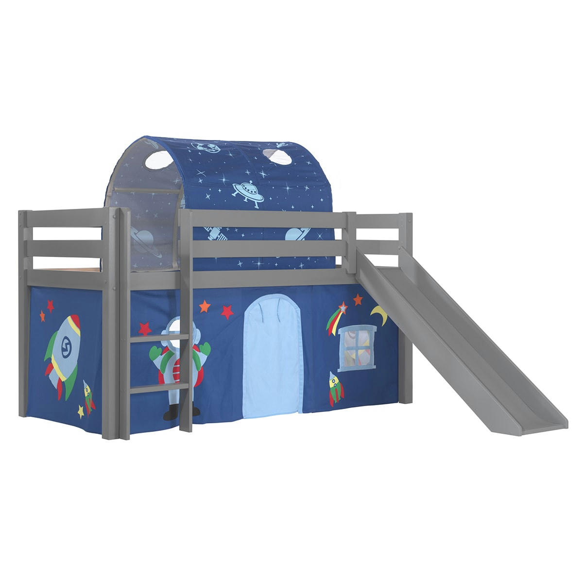 PINO - Lit mi-hauteur 90x200 toboggan sommier inclus housse astro gris