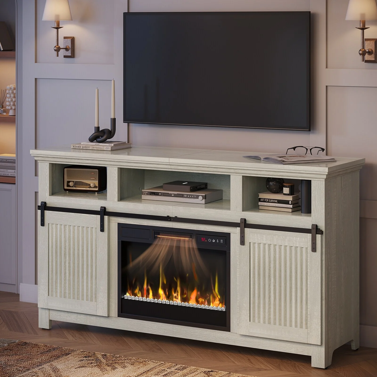 60'' Fireplace TV Stand with Electric Fireplace Heater & Storage Cabinet for TVs up to 70 Inch