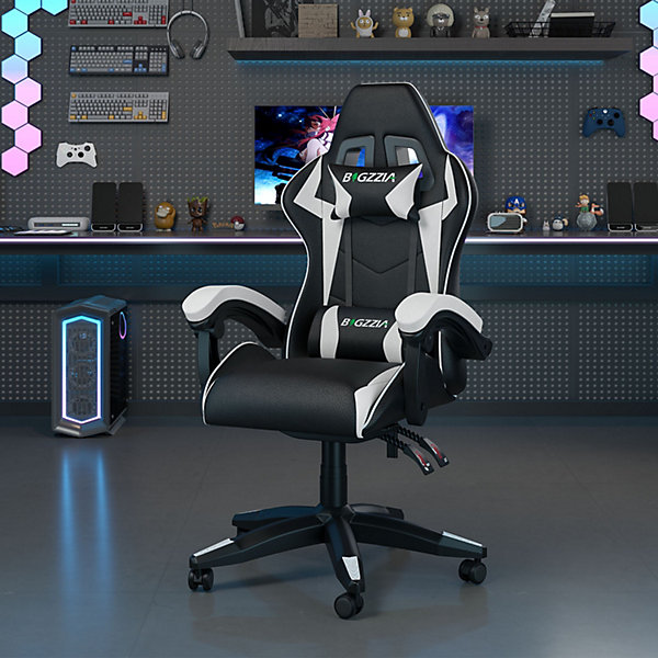 Chaise Gaming, Ergonomique Chaise de Gaming avec Coussin Lombaire   appuie-tête, PU Cuir Chaise Bureau réglable en Hauteur